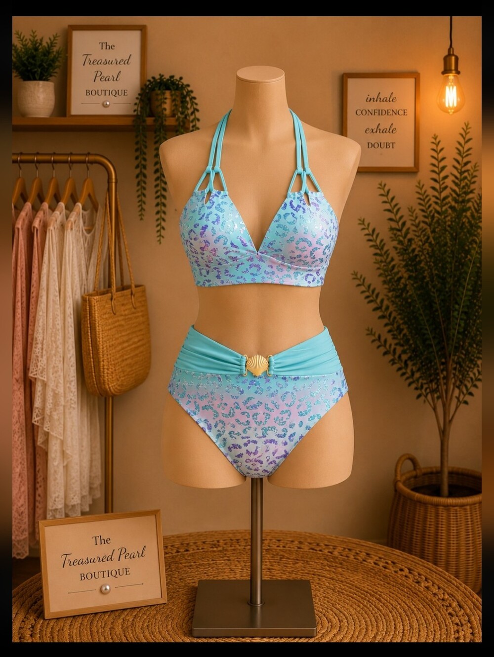 Aqua Pastel Leopard Print Bikini with Gold Shell Accent